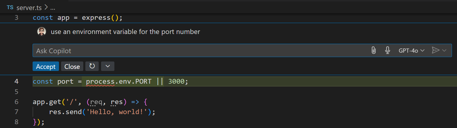 Screenshot of VS Code editor, showing editor inline chat to use an environment variable for the port number.